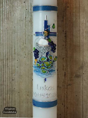 Kommunionkerze Eugen mit Kelch und Fisch inkl. Box