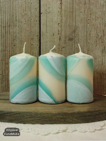 Handveredelte Kerze Türkis 10 cm x 5 cm (3 Stück)