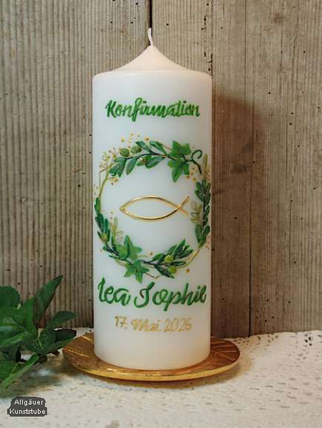 Konfirmationskerz Kathi mit Blätterkranz Konfirmationskerz Kathi mit Blätterkranz