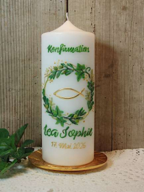 Konfirmationskerz Kathi mit Blätterkranz